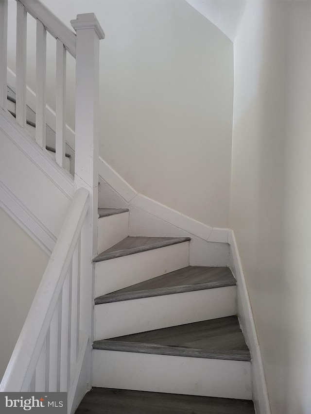 stairway with hardwood / wood-style floors