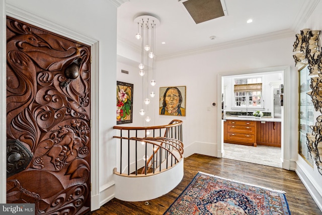 foyer entrance with ornamental molding and dark hardwood / wood-style floors