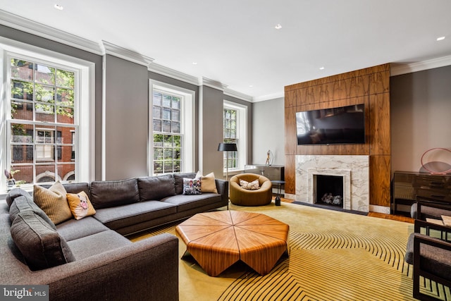 living room with a fireplace, ornamental molding, and a wealth of natural light