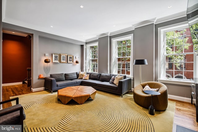 living room with crown molding, light hardwood / wood-style floors, and a wealth of natural light