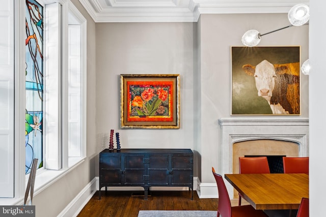 interior space featuring dark wood-type flooring and crown molding