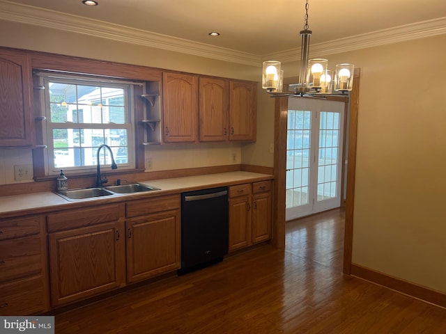 kitchen with crown molding, black dishwasher, sink, and dark hardwood / wood-style flooring