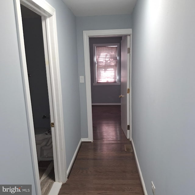 corridor with dark hardwood / wood-style flooring