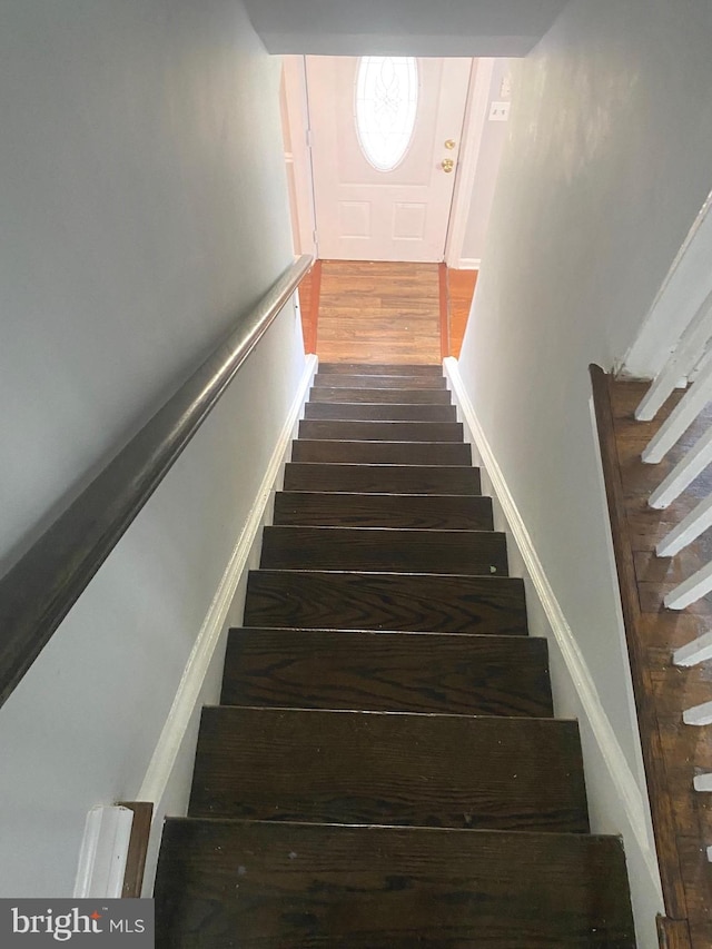 staircase with hardwood / wood-style floors