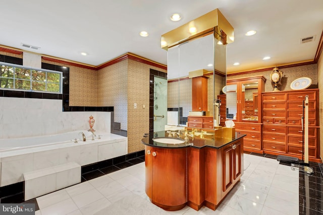 bathroom featuring vanity, crown molding, tile patterned floors, and shower with separate bathtub