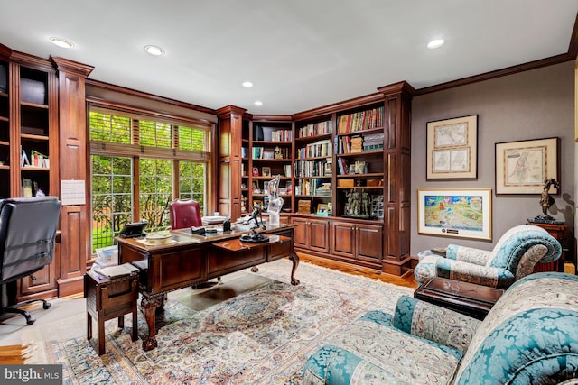 office area featuring crown molding