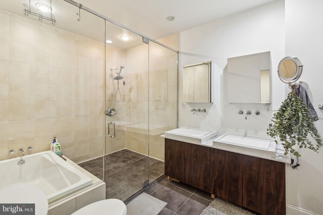 full bathroom featuring vanity, plus walk in shower, toilet, and tile patterned floors