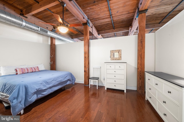 bedroom with ceiling fan, wood ceiling, and dark hardwood / wood-style floors