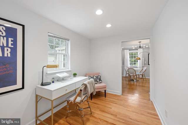 1307 Cleveland St, Alexandria, VA 22302 - office featuring light wood-type flooring, plenty of natural light, recessed lighting, and a chandelier