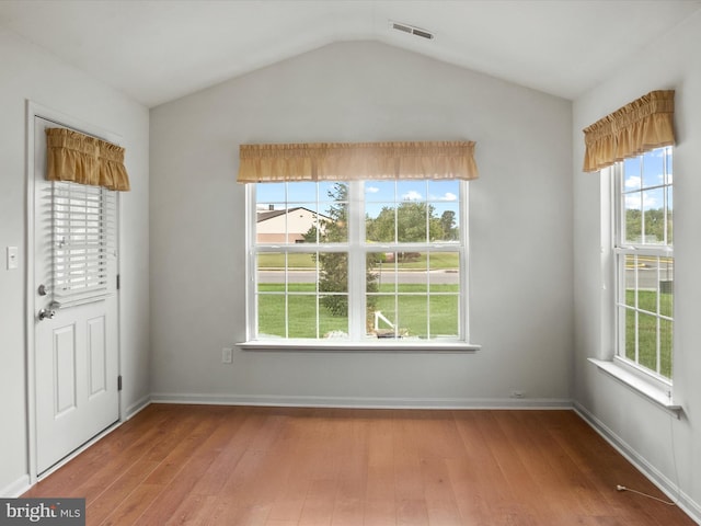 interior space featuring lofted ceiling, plenty of natural light, and hardwood / wood-style floors