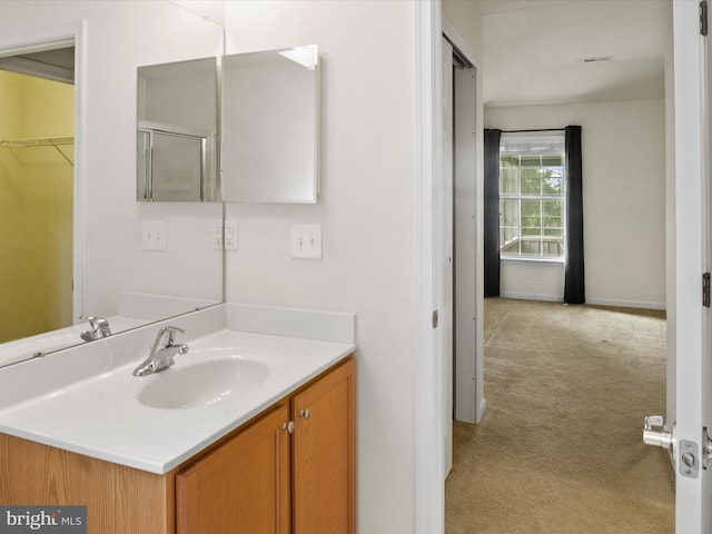 bathroom with vanity and a shower with shower door