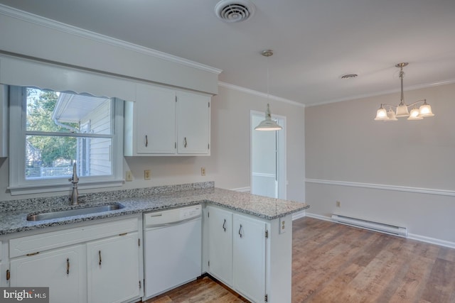 kitchen featuring dishwasher, hanging light fixtures, a baseboard radiator, and white cabinetry