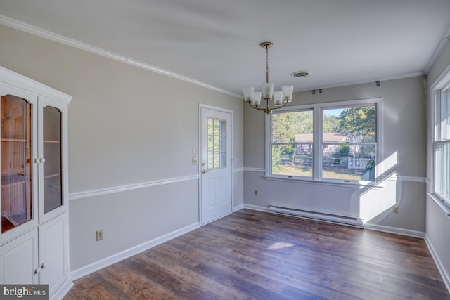 unfurnished dining area featuring a notable chandelier, a baseboard radiator, crown molding, and dark hardwood / wood-style flooring