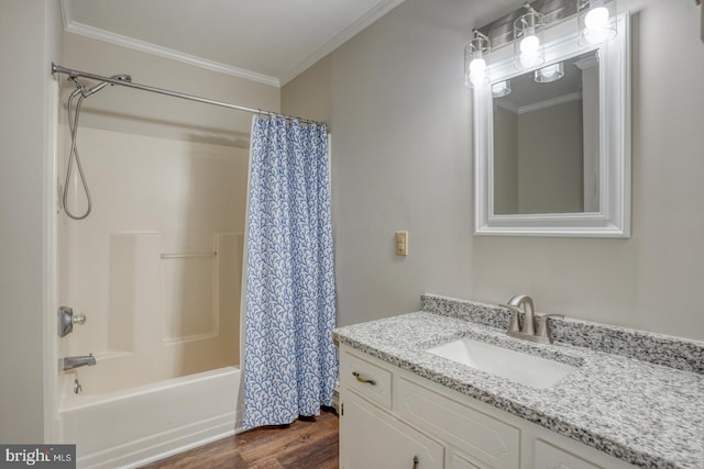 bathroom with shower / bath combination with curtain, vanity, ornamental molding, and hardwood / wood-style flooring