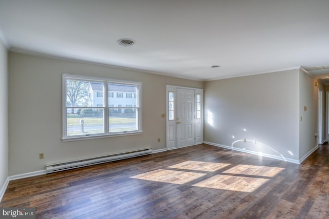 interior space with ornamental molding, dark wood-type flooring, and baseboard heating