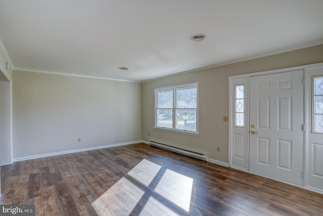 entrance foyer with a baseboard radiator, crown molding, and dark hardwood / wood-style flooring