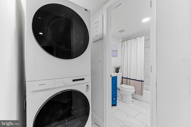 4201 Morrison Ct, Baltimore City, MD 21226 - laundry area with marble finish floor, laundry area, stacked washer and clothes dryer, and visible vents