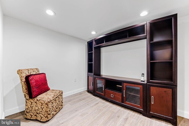 home theater room featuring light hardwood / wood-style flooring