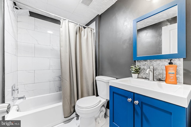 full bathroom with toilet, shower / tub combo with curtain, and vanity