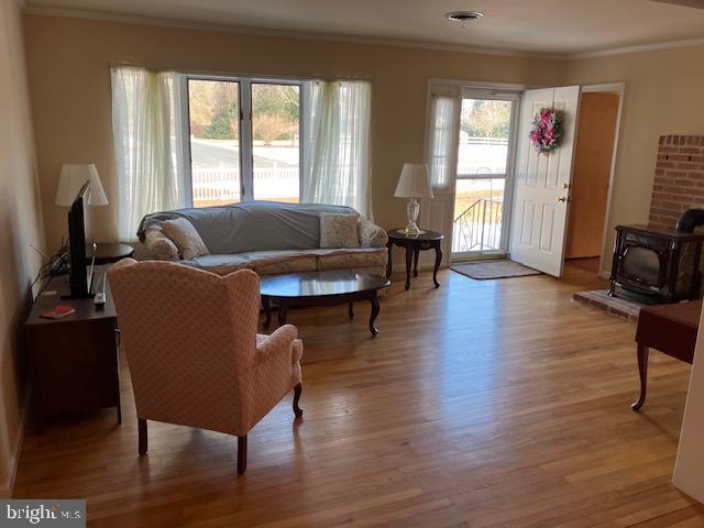 living room featuring crown molding and light hardwood / wood-style floors