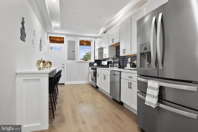 kitchen with electric panel, light hardwood / wood-style flooring, white cabinetry, stainless steel appliances, and decorative backsplash