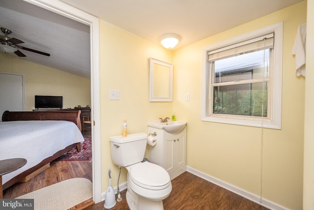 bathroom featuring ceiling fan, vanity, wood-type flooring, walk in shower, and toilet