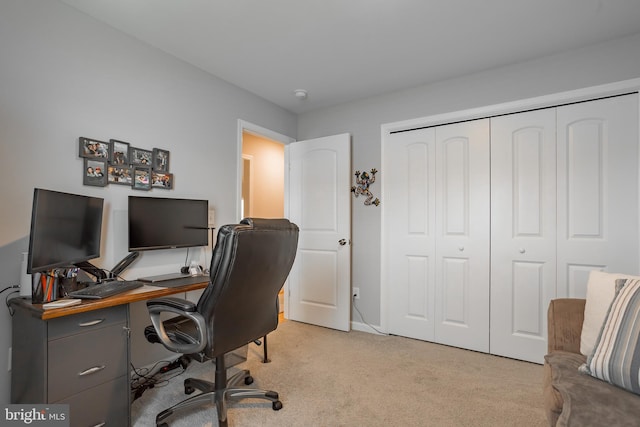 office area featuring light carpet