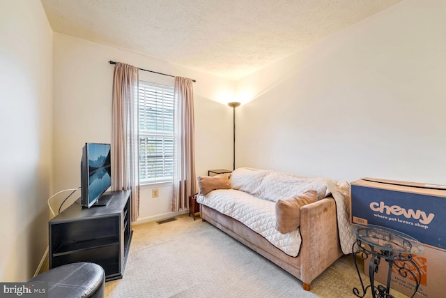 living area with a textured ceiling and carpet floors