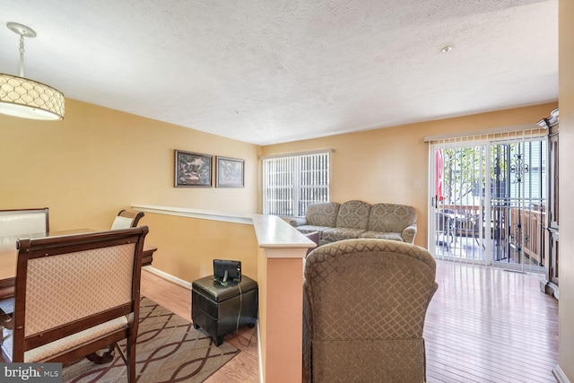 living room featuring light hardwood / wood-style floors and a textured ceiling