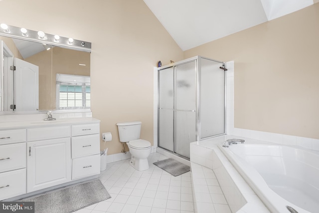 full bathroom featuring vanity, toilet, independent shower and bath, vaulted ceiling, and tile patterned flooring