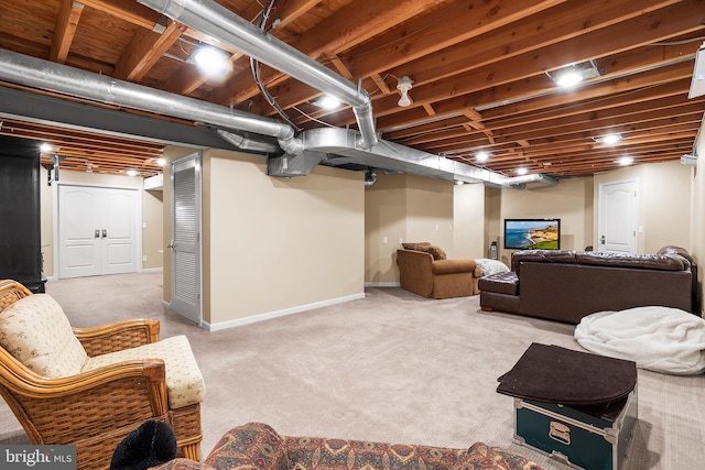 basement with light carpet