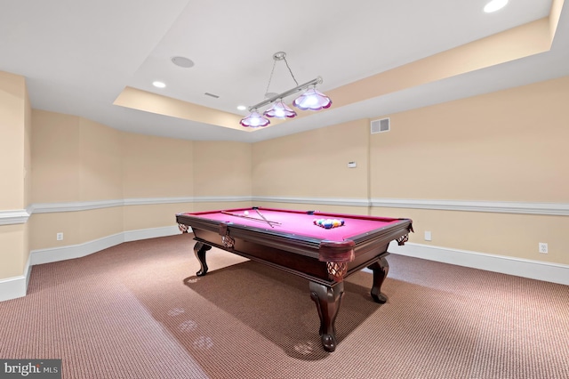 playroom featuring carpet floors, a raised ceiling, and billiards