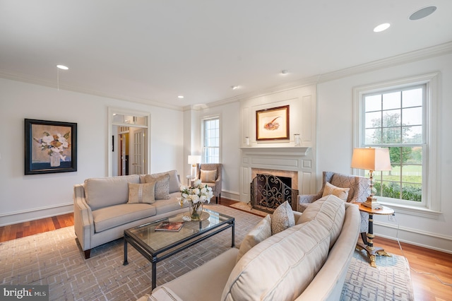 living room with crown molding and hardwood / wood-style floors