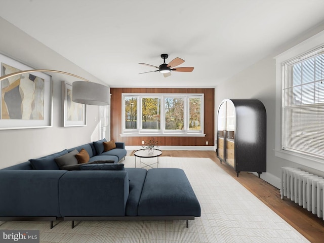 living room with radiator heating unit, ceiling fan, and light hardwood / wood-style flooring