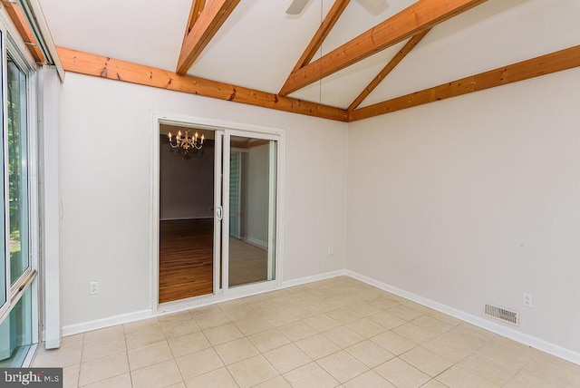 spare room with ceiling fan with notable chandelier, light tile patterned flooring, beam ceiling, and high vaulted ceiling