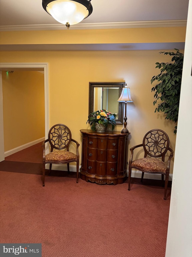 sitting room featuring carpet floors and ornamental molding