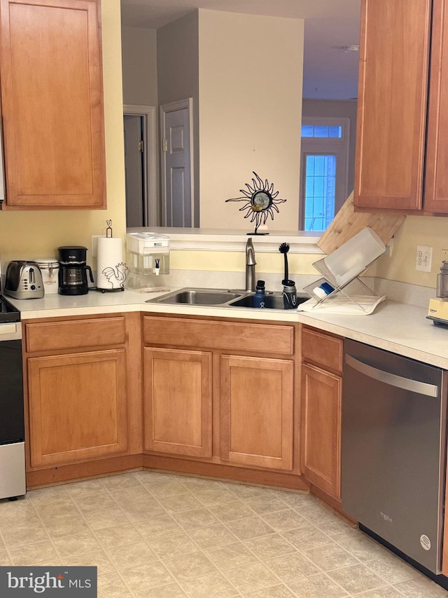 kitchen with sink, stainless steel dishwasher, and white stove