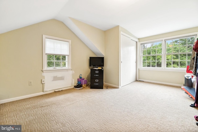 rec room with lofted ceiling and carpet floors