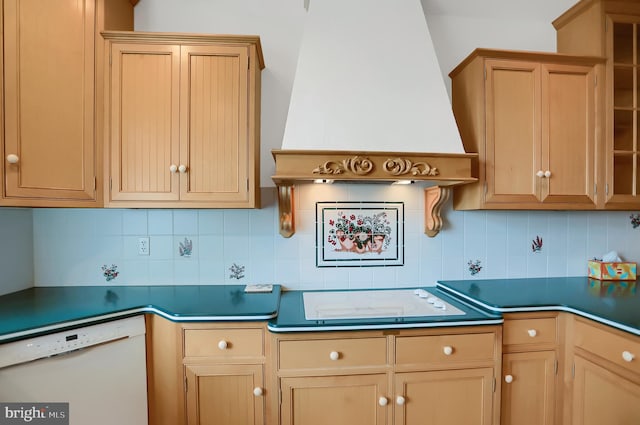 kitchen with custom exhaust hood, tasteful backsplash, and white appliances