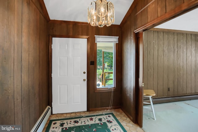 entryway featuring baseboard heating, wooden walls, vaulted ceiling, and a notable chandelier