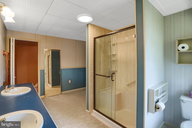 bathroom with vanity, toilet, and an enclosed shower