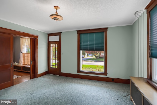 empty room featuring a textured ceiling, ornamental molding, and carpet floors