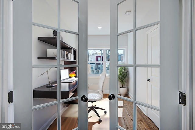 office area with dark wood-type flooring