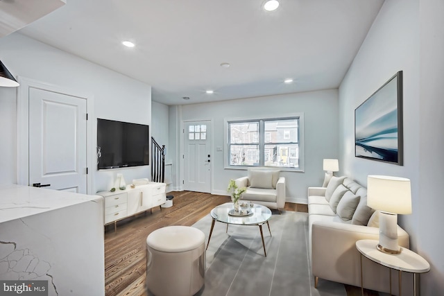 living room featuring dark wood-type flooring