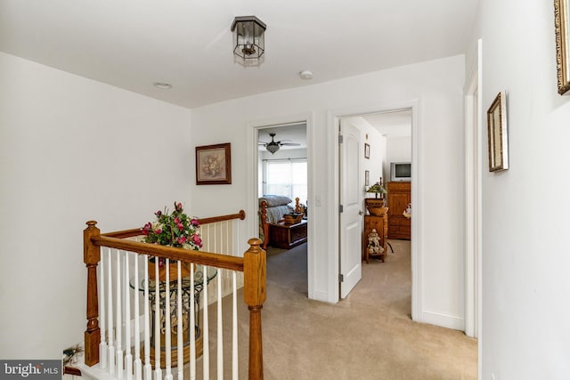 hall featuring light colored carpet