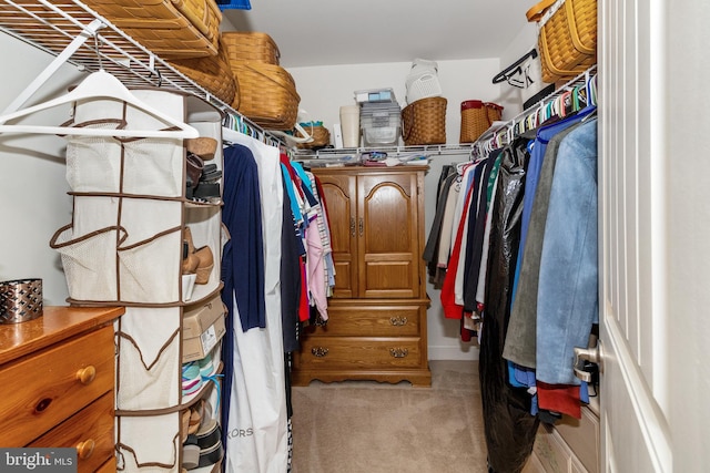 walk in closet with light colored carpet