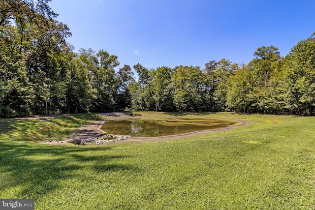 view of property's community with a lawn and a water view