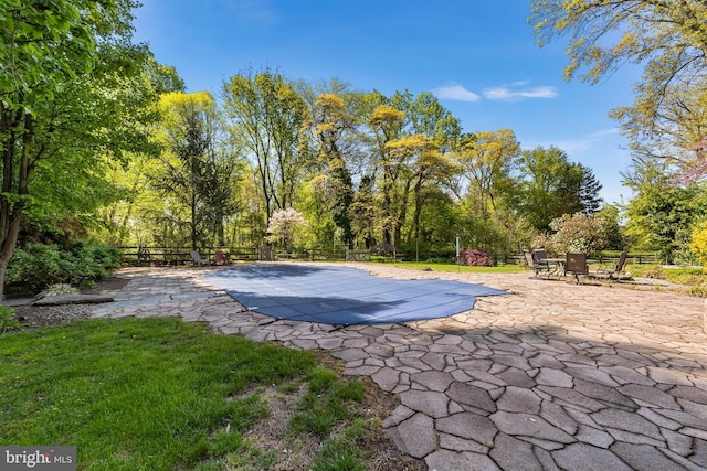 view of swimming pool with a lawn and a patio area