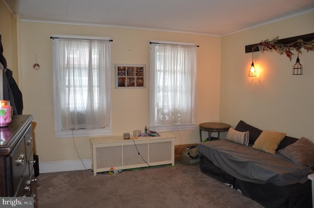 sitting room featuring a healthy amount of sunlight, carpet flooring, and ornamental molding