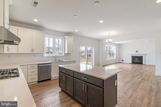 kitchen with sink, a kitchen island, light wood-type flooring, and appliances with stainless steel finishes